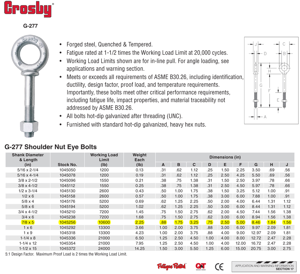 7/8x5 inch Crosby G277 Shoulder Nut Eye Bolts Wesco Industries